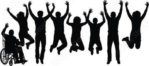 Diverse people silhouettes jumping together including wheelchair user, symbolizing inclusion, equality, joy, freedom, teamwork and positive community spirit on white background