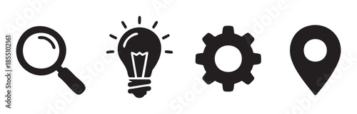 Magnifying glass, light bulb, gear, and location pin icons represent essential concepts for business, technology, and problem-solving.