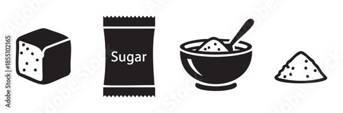 Sugar icons set featuring various forms like a cube, packet, bowl with a spoon, and a pile, representing sweetness and culinary ingredients.