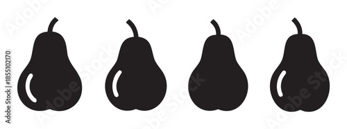 Four black pear fruit icons arranged in a horizontal row, featuring both solid and highlighted minimalist designs, perfect for various digital applications.