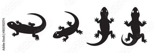 Four black lizard silhouettes in various poses, showcasing their distinct shapes and forms as simple graphic icons for design elements.
