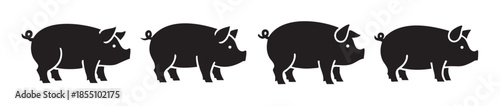 Four black pig silhouettes standing in a row, facing right, creating a simple and graphic animal illustration for various design projects.
