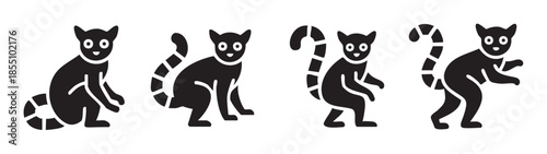 Four stylized lemurs with ringed tails and large eyes are depicted in various poses, showcasing their distinctive features as simple graphic icons.
