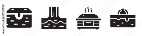 These scientific process diagram icons illustrate various abstract concepts related to natural systems, industrial operations, and biological structures in a clear, minimalist style.