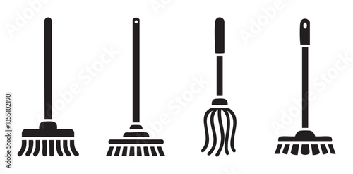 Brooms and mops cleaning tools vector illustration set featuring various designs for household chores and professional sanitation services.