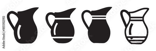 Four different pitchers and jugs icon set showcasing various liquid containers with distinct designs in a minimalist black and white style.