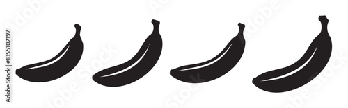 Four black banana fruit silhouettes arranged horizontally in a row, showcasing a simple, graphic illustration perfect for healthy eating concepts and design elements.