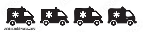 Four black ambulance icons representing emergency medical services and healthcare, symbolizing urgent care, rescue, and critical transport.