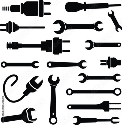 Minimalist black and white hand tools icon set with wrenches, screwdrivers, pliers and electrical plug symbols
