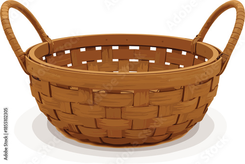 Empty brown wicker basket with handles vector illustration isolated on white background for picnic, market, and home storage designs.