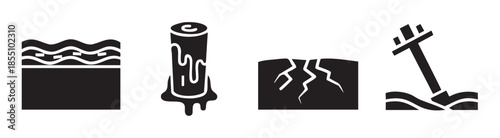 Collection of black and white graphic icons illustrating natural elements, decay, disaster, and symbolic representations like water, a melting candle, cracked earth, and a grave cross.