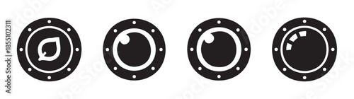 Four black circular icons with various designs representing nature, vision, and photography, featuring a stylized porthole or camera lens aesthetic.