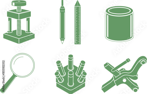 Black and white engineering and industrial tools icon set with measuring, manufacturing and mechanical equipment symbols illustration