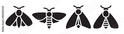 Four distinct black moth insect silhouettes with various wing and body patterns, perfect for nature, entomology, or graphic design projects.