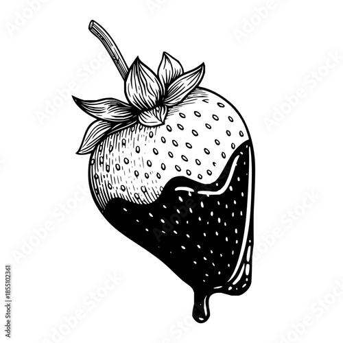 Illustration of a strawberry dipped in chocolate with a stem and leaves in black and white style