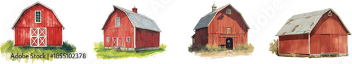 Watercolor set red barn isolated on white background