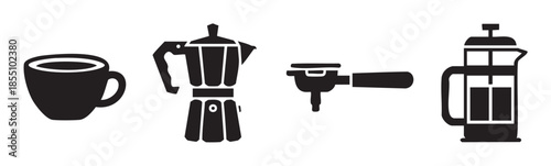Coffee making equipment icons set for various brewing methods, showcasing popular tools like a cup, Moka pot, portafilter, and French press in a clean, minimalist style.