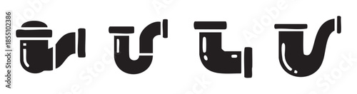 Plumbing pipes and various drainage system components are depicted as simple black graphic icons, illustrating essential elements for water flow and waste removal.