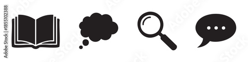 Book, thought bubble, magnifying glass, and speech bubble icons represent essential concepts of learning, discovery, and communication in a digital age.