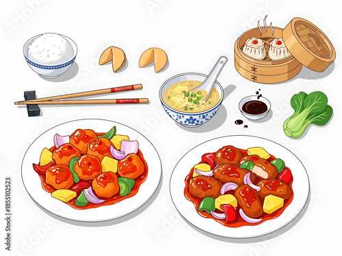 Flavorful Asian Cuisine Meal Assortment with Rice and Dim Sum