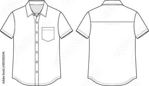 Men short sleeve button up shirt technical fashion flat sketch, front and back view casual apparel design illustration vector
