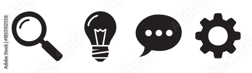 Magnifying glass, lightbulb, speech bubble, and gear icons represent various concepts like search, ideas, communication, and settings, useful for web design and applications.
