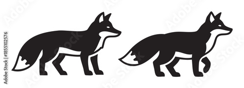 Two stylized black and white fox illustrations depict the cunning wild animal in standing and walking poses, perfect for various design projects.