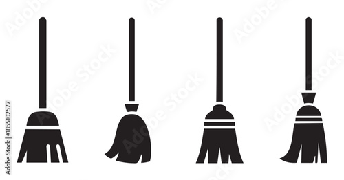 Four different brooms cleaning tools vector icons set for household chores, sweeping, and maintenance, representing various styles of domestic cleaning equipment.