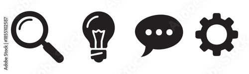 Four essential business icons including magnifying glass, light bulb, speech bubble, and gear, symbolizing key concepts for problem-solving and innovation.