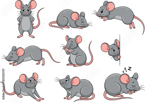 Set of cute gray mouse vector character illustrations in various poses including standing, sleeping, jumping, and peeking for children animal book design.