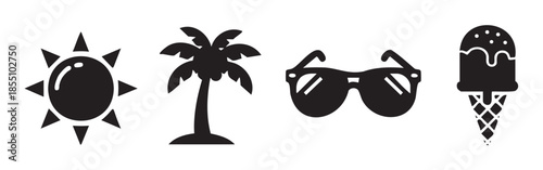 Sun, palm tree, sunglasses, and ice cream icons represent a delightful summer vacation experience with warm weather and tropical vibes.