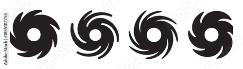 Four black hurricane storm icons representing powerful natural disasters, severe weather warnings, and the destructive force of tropical cyclones.