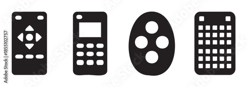 Various remote control devices and controllers are depicted as black vector icons, representing modern technology and user interface elements for electronic gadgets.