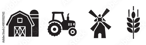 Farm agriculture rural symbols icons set depicting a barn with a silo, a tractor, a windmill, and a wheat stalk, representing traditional farming and harvest elements.