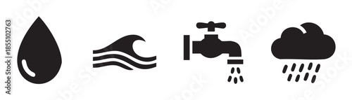 Water icons representing various forms and sources of liquid, including a single drop, an ocean wave, a dripping faucet, and a rain cloud, all in a clean, minimalist style.