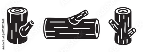 Three stylized black and white logs with visible growth rings and branch stumps are depicted in a clean, graphic illustration style, representing natural wood elements.