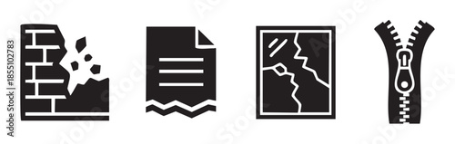 Brick wall, torn document, broken window, open zipper icons illustrating various states of damage, repair, and vulnerability in a minimalist graphic design.