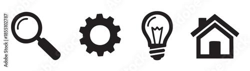 Essential user interface icons representing search, settings, ideas, and home, commonly used for navigation and functionality in digital applications.