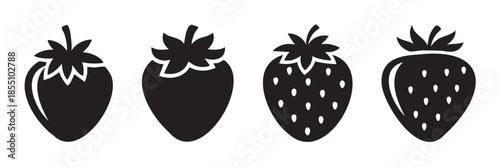 Four black silhouette strawberry fruit icons are displayed in a row, showcasing various simple graphic styles for design elements.