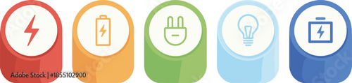 Modern colorful energy and electricity icon set with battery, plug, lightning and power symbols, clean UI illustration design
