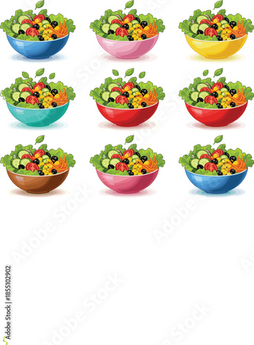 Set of colorful vector illustrations featuring fresh garden salad bowls with tomatoes, olives, and cucumbers in various vibrant ceramic dish colors.