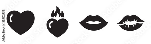 Hearts and lips icons representing love, passion, and romance in a collection of simple black vector silhouettes for graphic design elements.