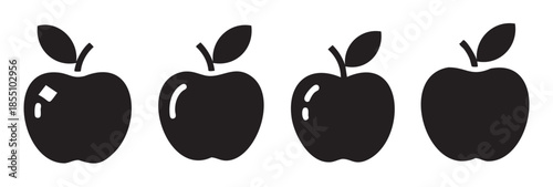 Four black apple icons with stems and leaves are arranged in a row, representing healthy fruit, education, and natural food concepts in a simple graphic design.