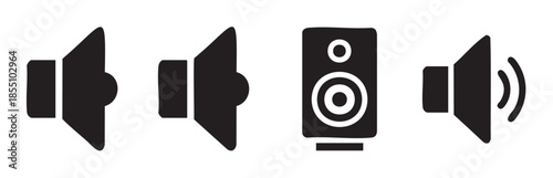 Audio speaker volume icons set illustrating various sound levels and audio equipment symbols for modern digital interface designs and web applications.
