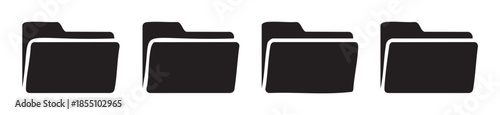 Four black folder icons representing digital data storage and organization in a modern flat design style, perfect for web and app interfaces.