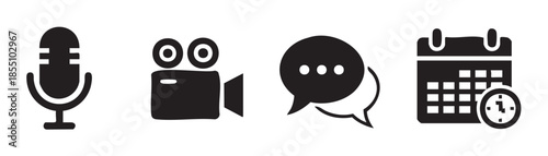 Digital communication media and scheduling vector icons representing various online interaction, content creation, and event planning concepts for modern applications.