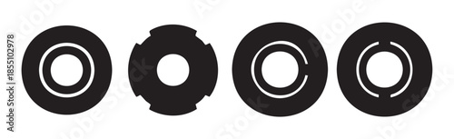 Four abstract circular shapes geometric design elements are arranged horizontally, showcasing a variety of modern and minimalist graphic symbols for diverse creative projects.