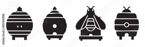 Four different beehives and bee-themed icons representing beekeeping, honey production, and nature conservation in a simple graphic style.