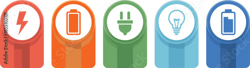 Modern colorful energy and electricity icon set with battery, plug, lightning and power symbols, clean UI illustration design