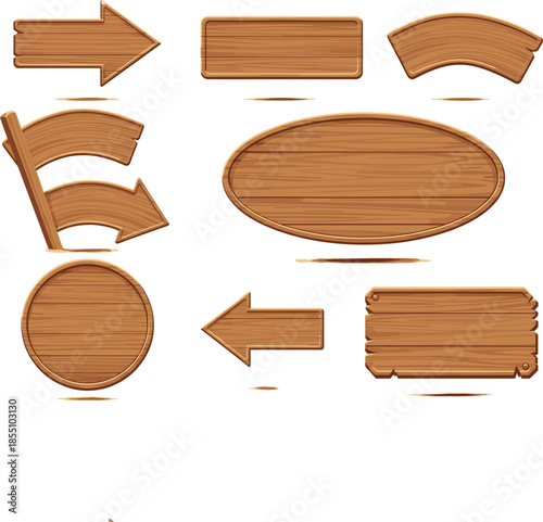 Set of rustic wooden sign boards and arrow pointers in various shapes including oval, rectangular, and circular for directional navigation and messages.